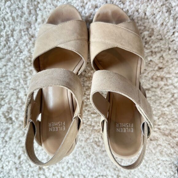 Eileen Fisher Beige Suede Wood Platform Cutout Wedge Stud Peeptoe Sandals US 6 - Picture 6 of 6